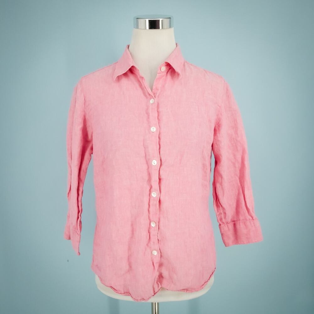 L.L. Bean Size Small S Pink Collared Button Down 3/4 Sleeve Linen Top Blouse